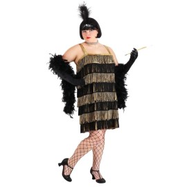 Disfraz estilo flapper con flecos dorados talla extra