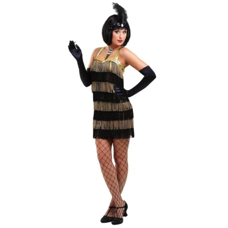 Disfraz estilo flapper con flecos dorados